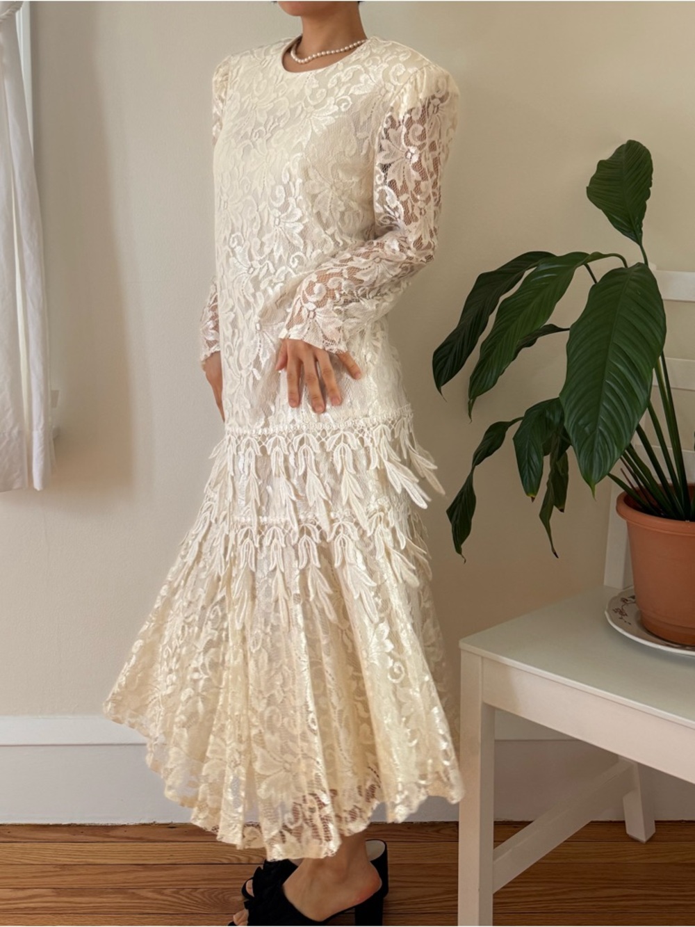 Vintage David Rose Off White Lace Flapper Midi Dress With Long Sleeve Size 12